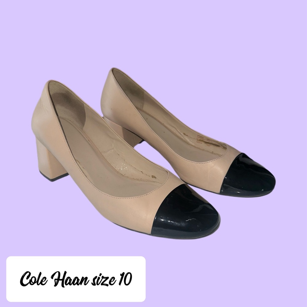 Tan and black Cole Haan heels. Size 10, 2 inch heel.